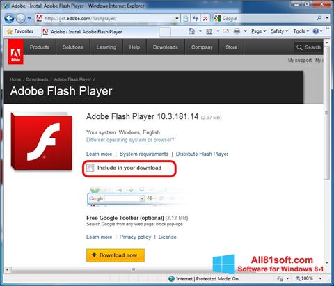 Ekrānuzņēmums Adobe Flash Player Windows 8.1