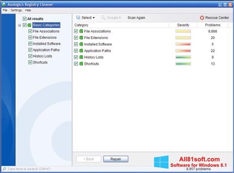 Ekrānuzņēmums Auslogics Registry Cleaner Windows 8.1