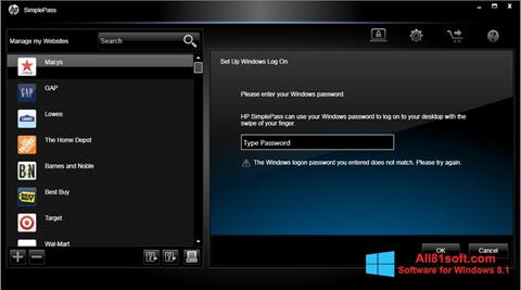 Ekrānuzņēmums HP SimplePass Windows 8.1