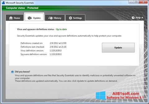 Ekrānuzņēmums Microsoft Security Essentials Windows 8.1